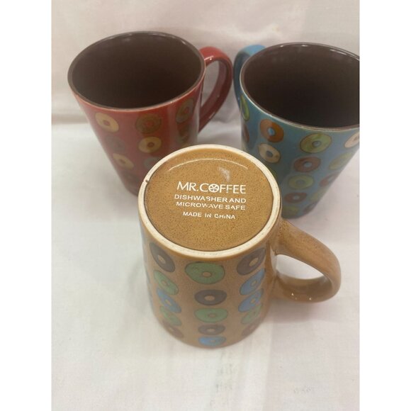 Mr. Coffee Set of 3 Coffee Coupa Mugs, Teal Blue, Tan, Red, with Donuts - Picture 2 of 3